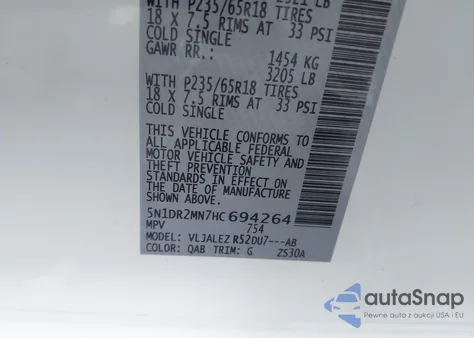 2017 Nissan Pathfinder Sv из США, поврежденный, VIN 5N1DR2MN7HC694264